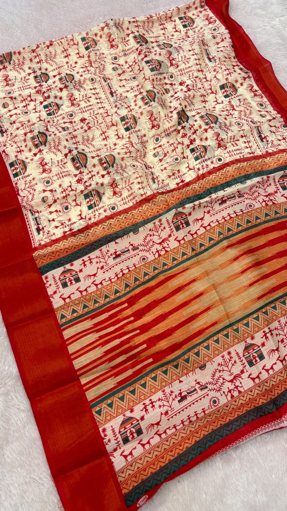 SUMMER SALE Warli Print Cotten Saree (Red)
