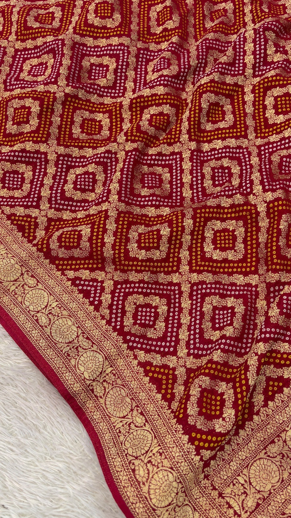 Traditional Khadi Georgette Banarasi Bandhej Saree (Red/Rani) 7