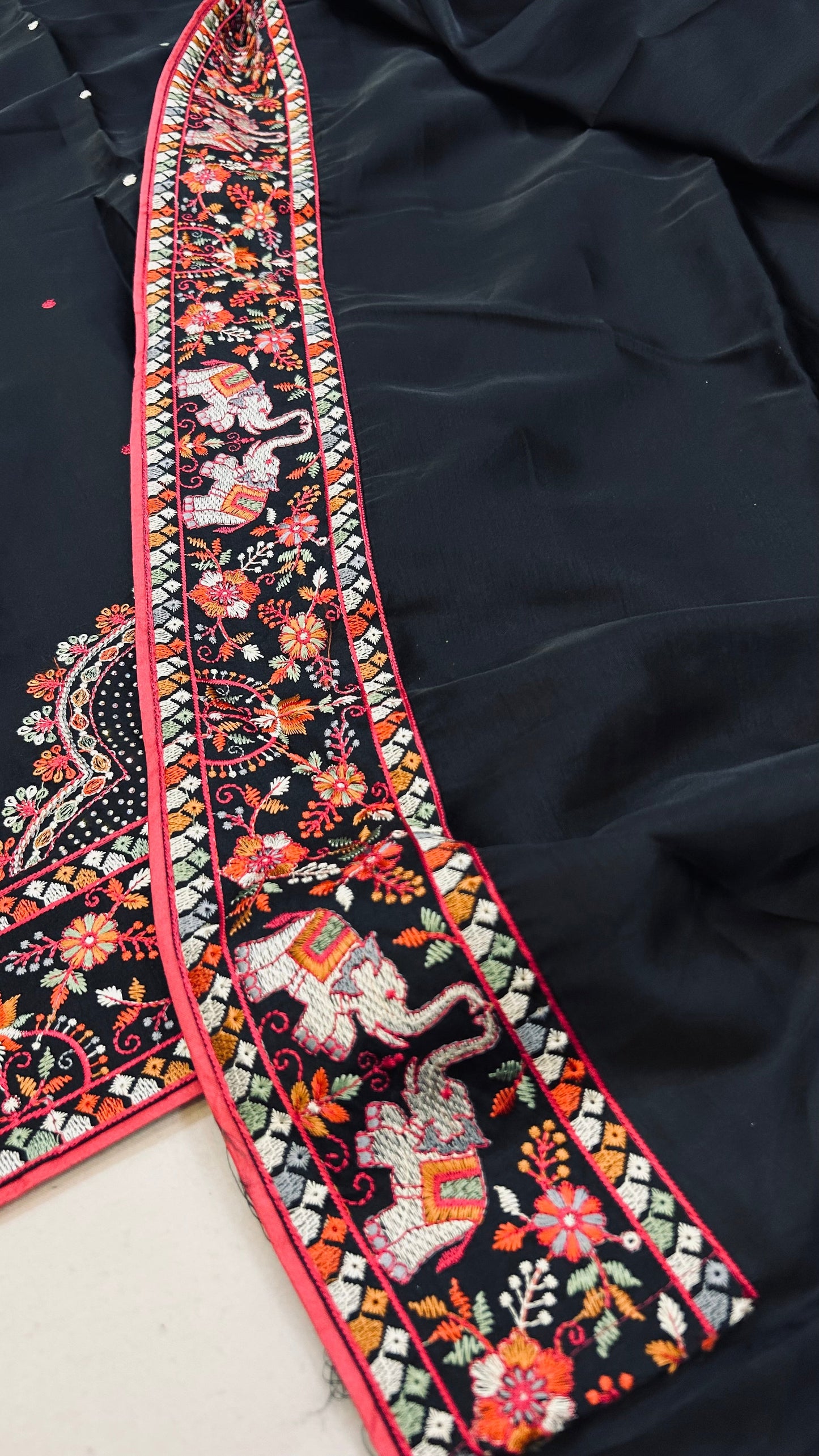 Kutchi Embroidery Black Saree