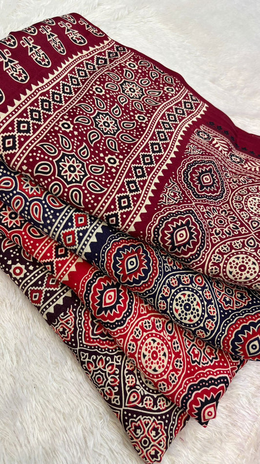 Pure Modal Silk Ajrakh Saree with Lagadi Patta