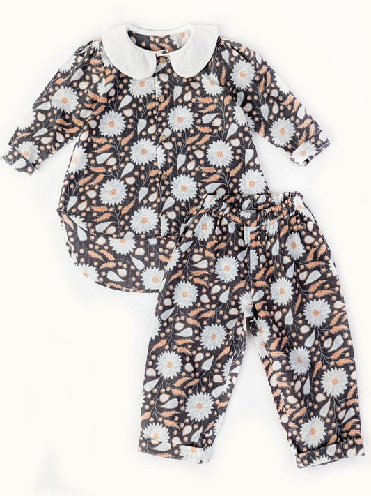 Grey Floral Petal Collared Comfy Set