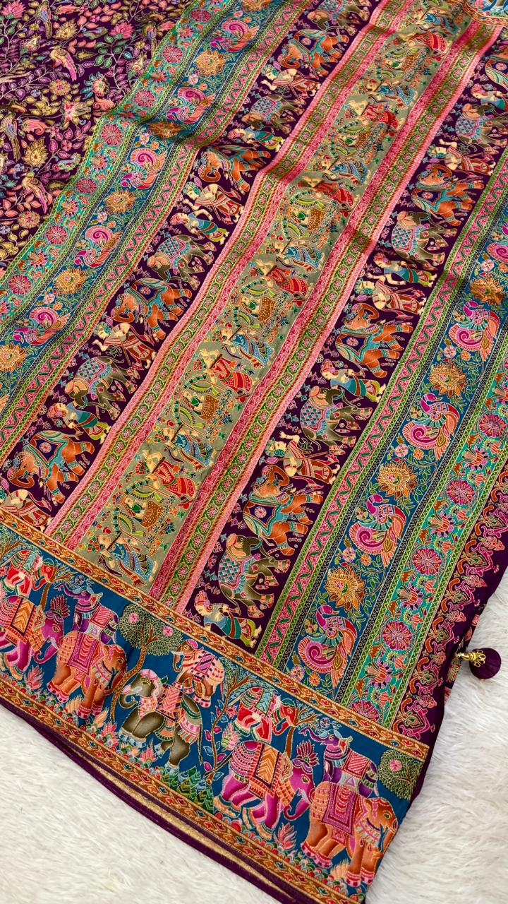 Pure Hand Weaving Kalamkari Saree (Wine Jaal)