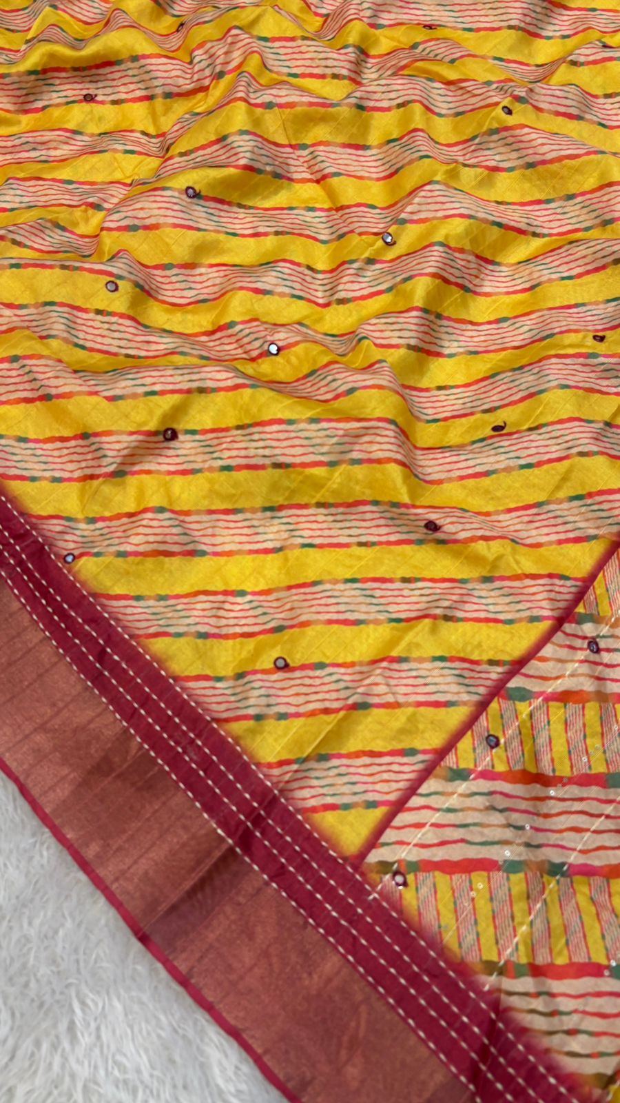 Katha Work + Mirror Work Designer Lehariya Saree