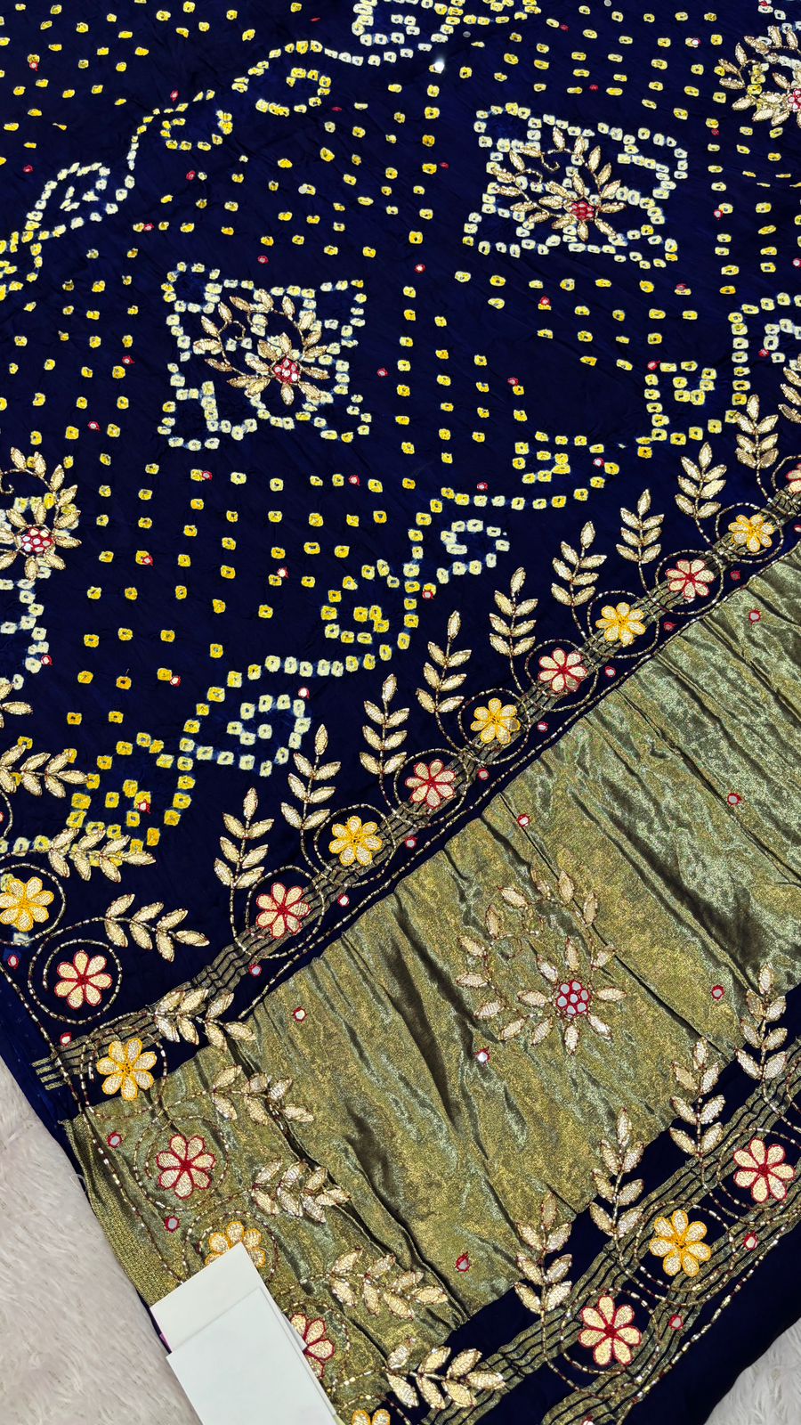 Pure Gaji Silk Handbandhej Gottapatti work Saree (Blue)