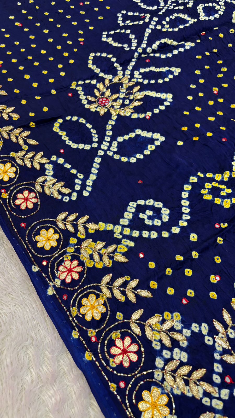 Pure Gaji Silk Handbandhej Gottapatti work Saree (Blue)