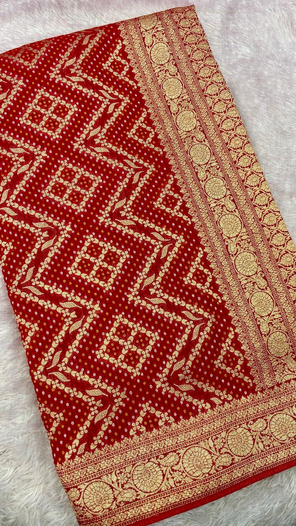 Traditional Khadi Georgette Banarasi Bandhej Saree (Red/Rani) 1