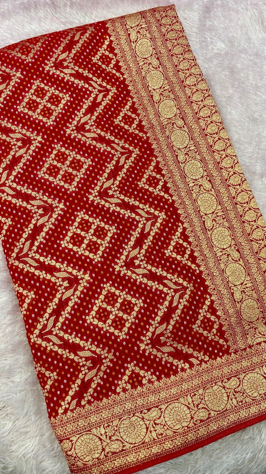 Traditional Khadi Georgette Banarasi Bandhej Saree (Red/Rani) 1