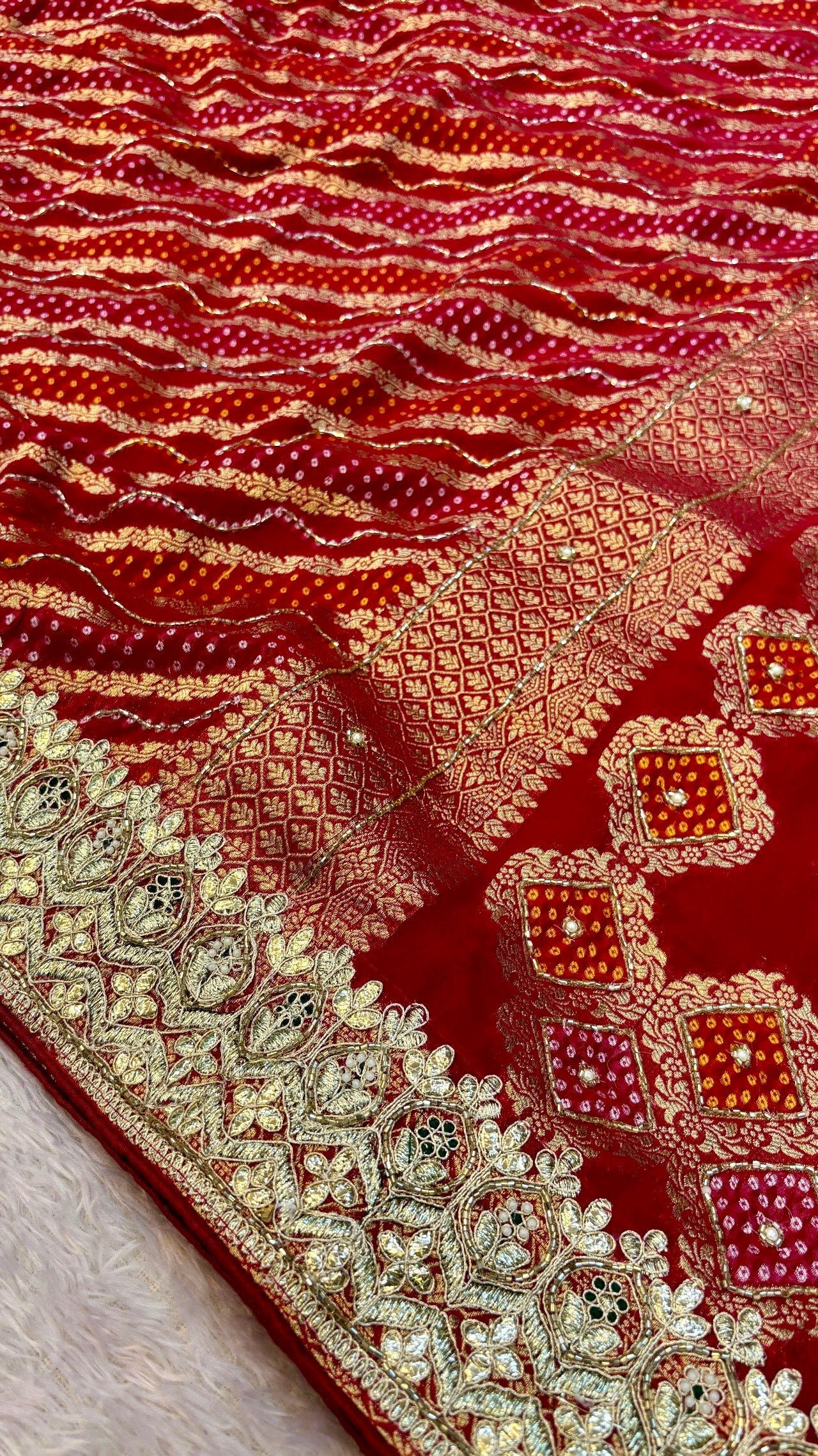 Georgette Banarasi Bandhej Saree with Handwork