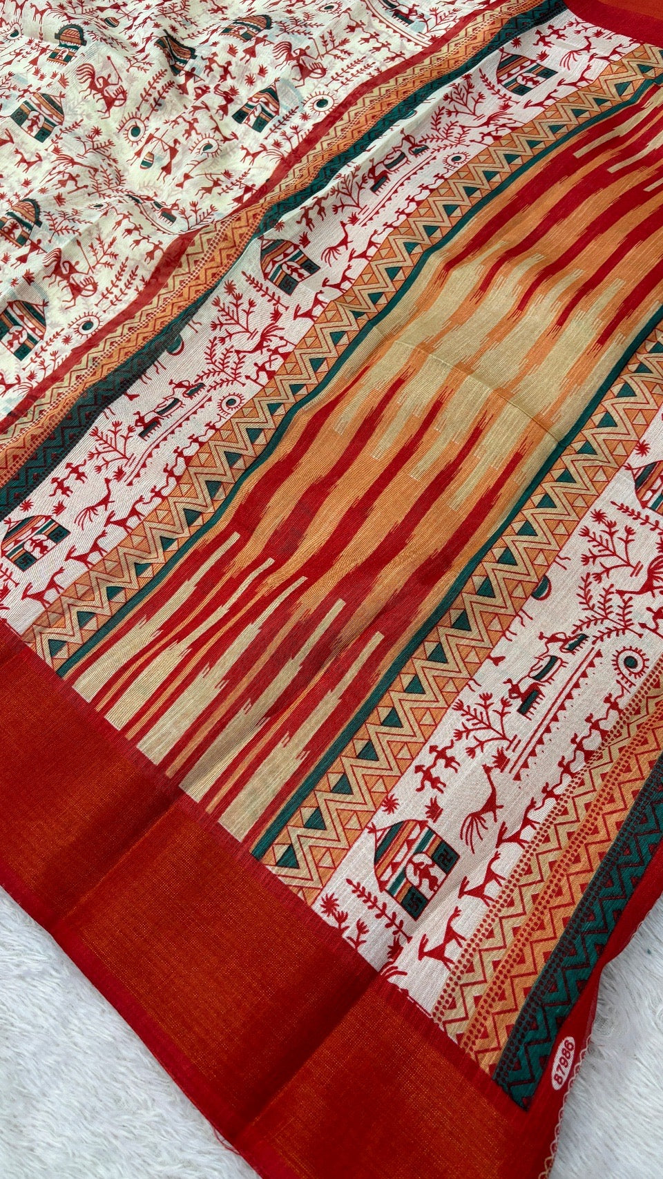 SUMMER SALE Warli Print Cotten Saree (Red)