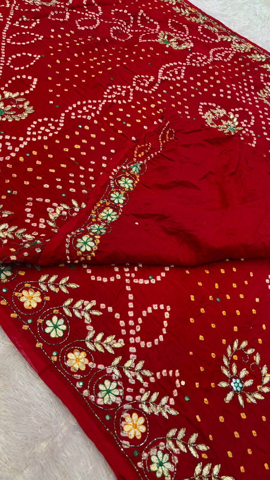 Pure Gaji Silk Handbandhej Gottapatti work Saree (Red)