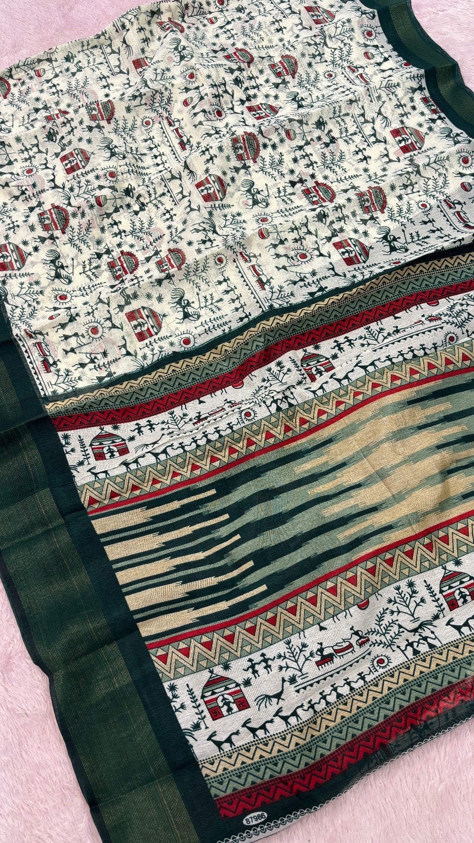 SUMMER SALE Warli Print Cotten Saree (Green)