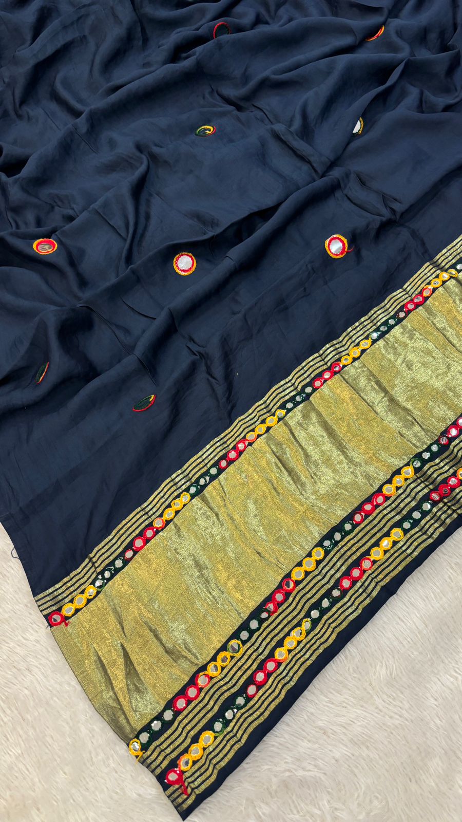 Semi Mirror Work Duppta With Lagadi Patta New - Navy Blue