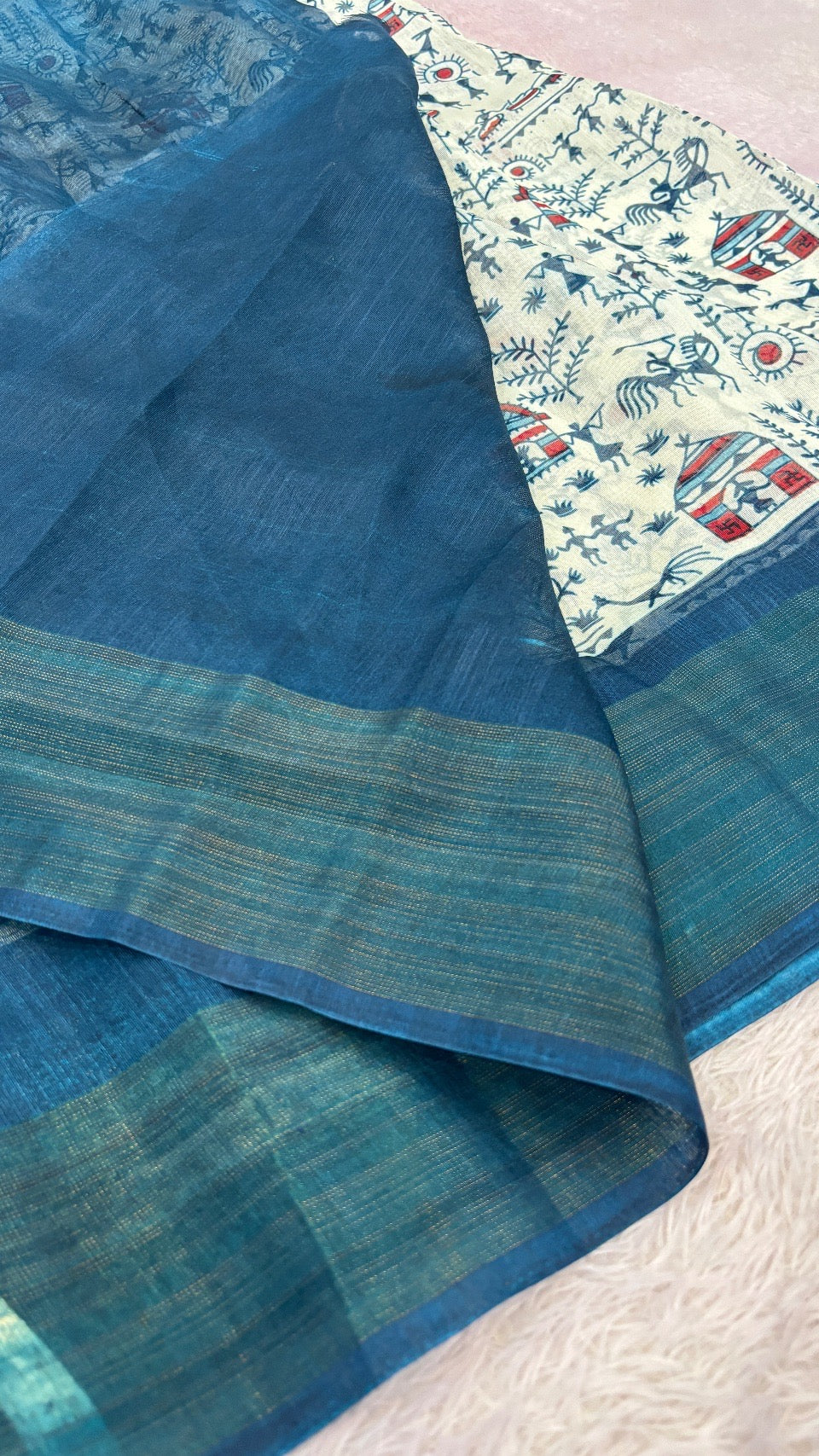 SUMMER SALE Warli Print Cotten Saree (Rama)