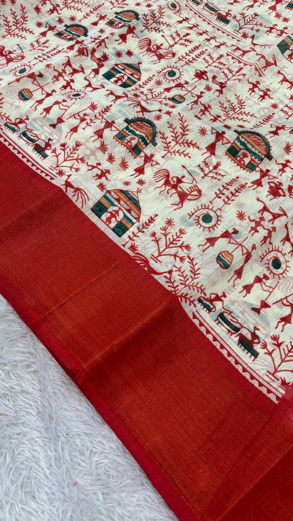 SUMMER SALE Warli Print Cotten Saree (Red)