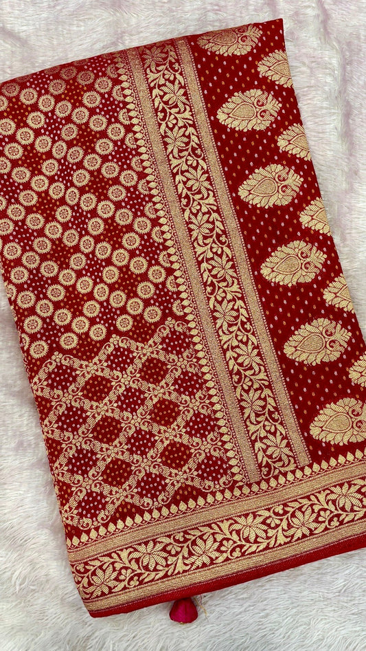 Traditional Khadi Georgette Banarasi Bandhej Saree (Red/Rani) 2