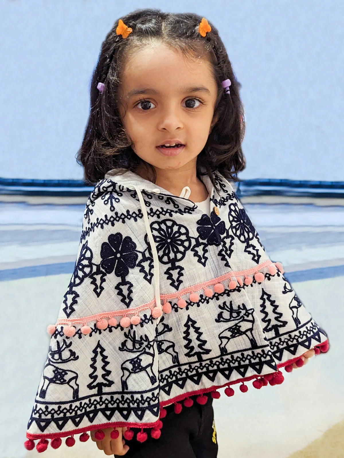 Blue Embroidered Hoodie Party Poncho Top For Baby Girls