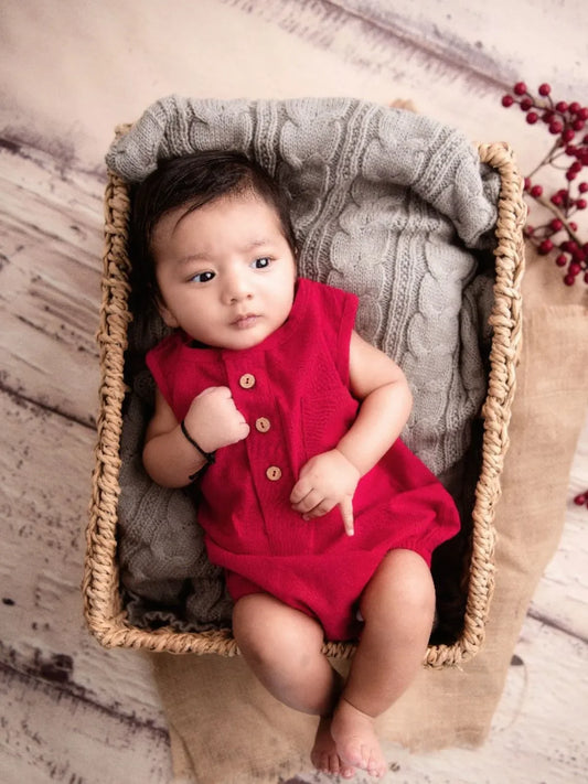 Comfortable Red Pure Cotton Baby Bubble Unisex Romper