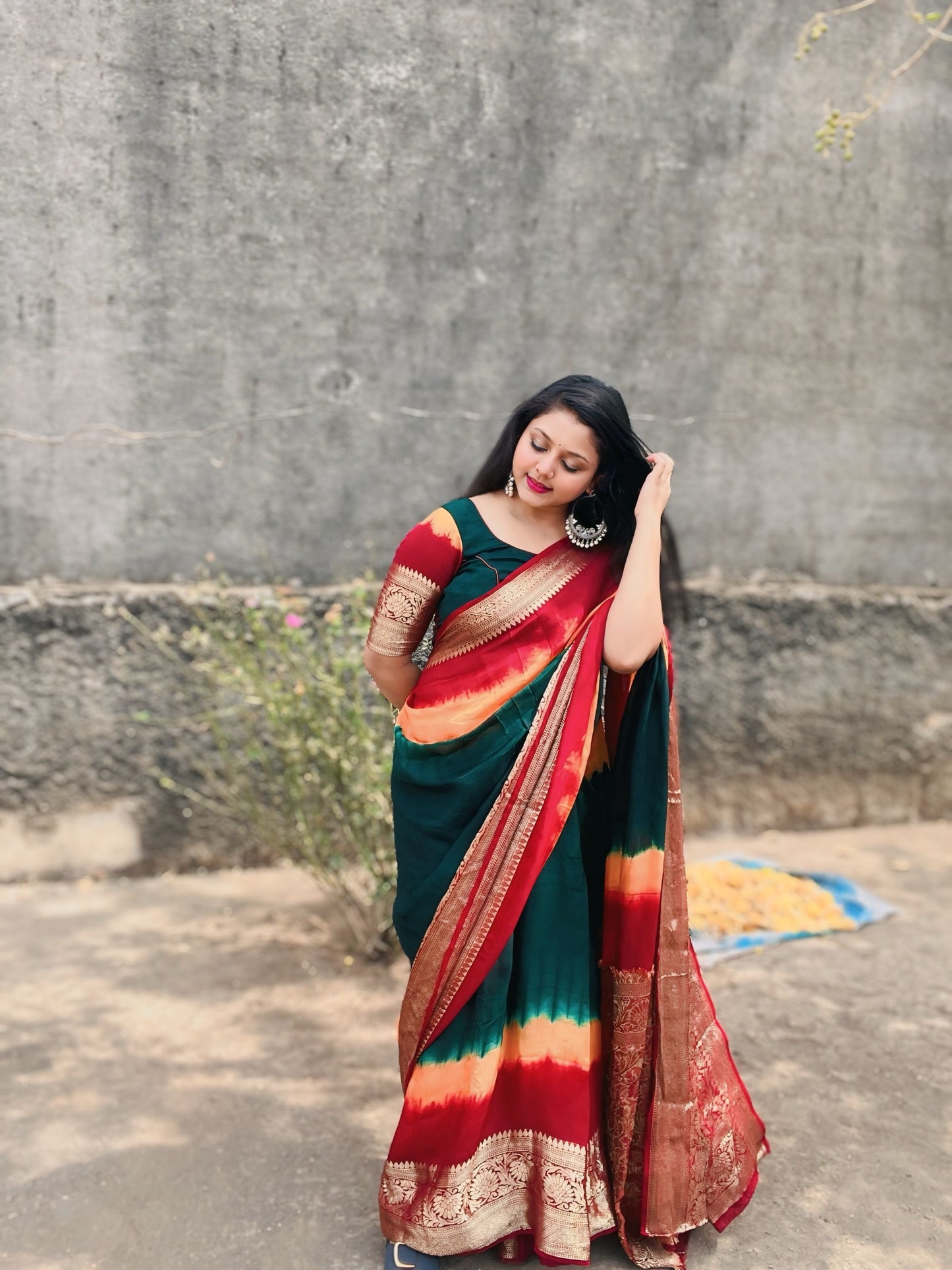 Royal Banarasi 3D Bandhani Saree (Green)