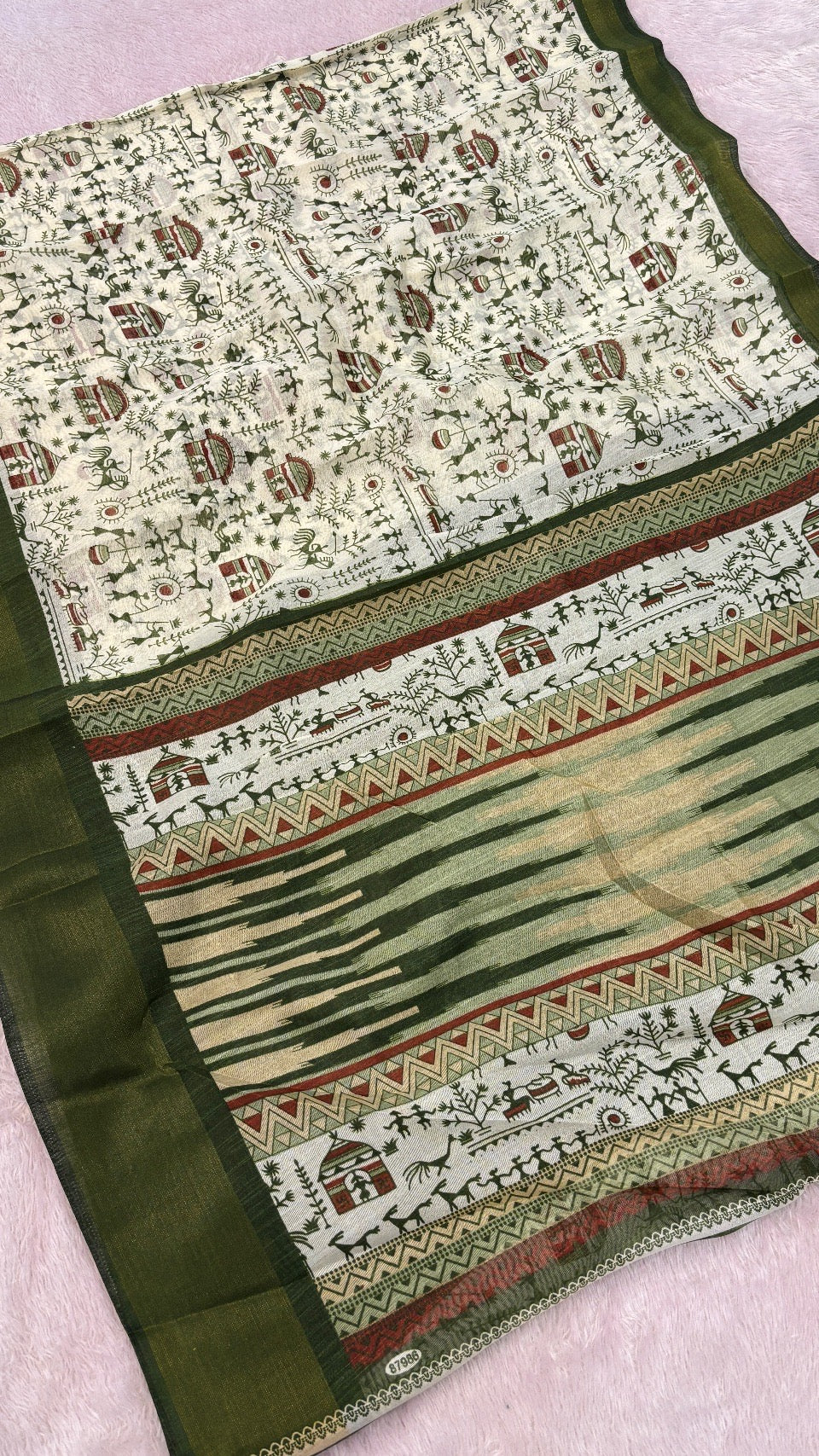 SUMMER SALE Warli Print Cotten Saree (Mehandi)