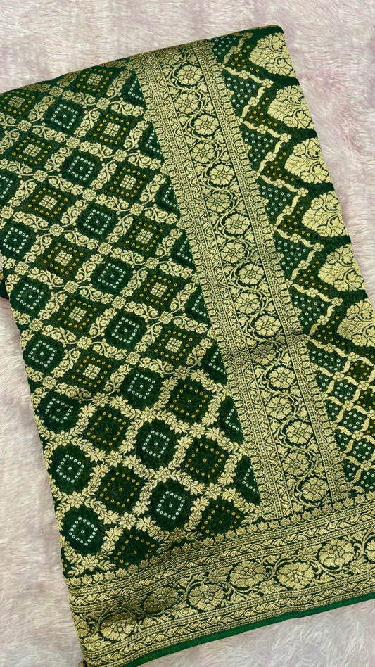 Traditional Khadi Georgette Banarasi Bandhej Saree (Green) 6