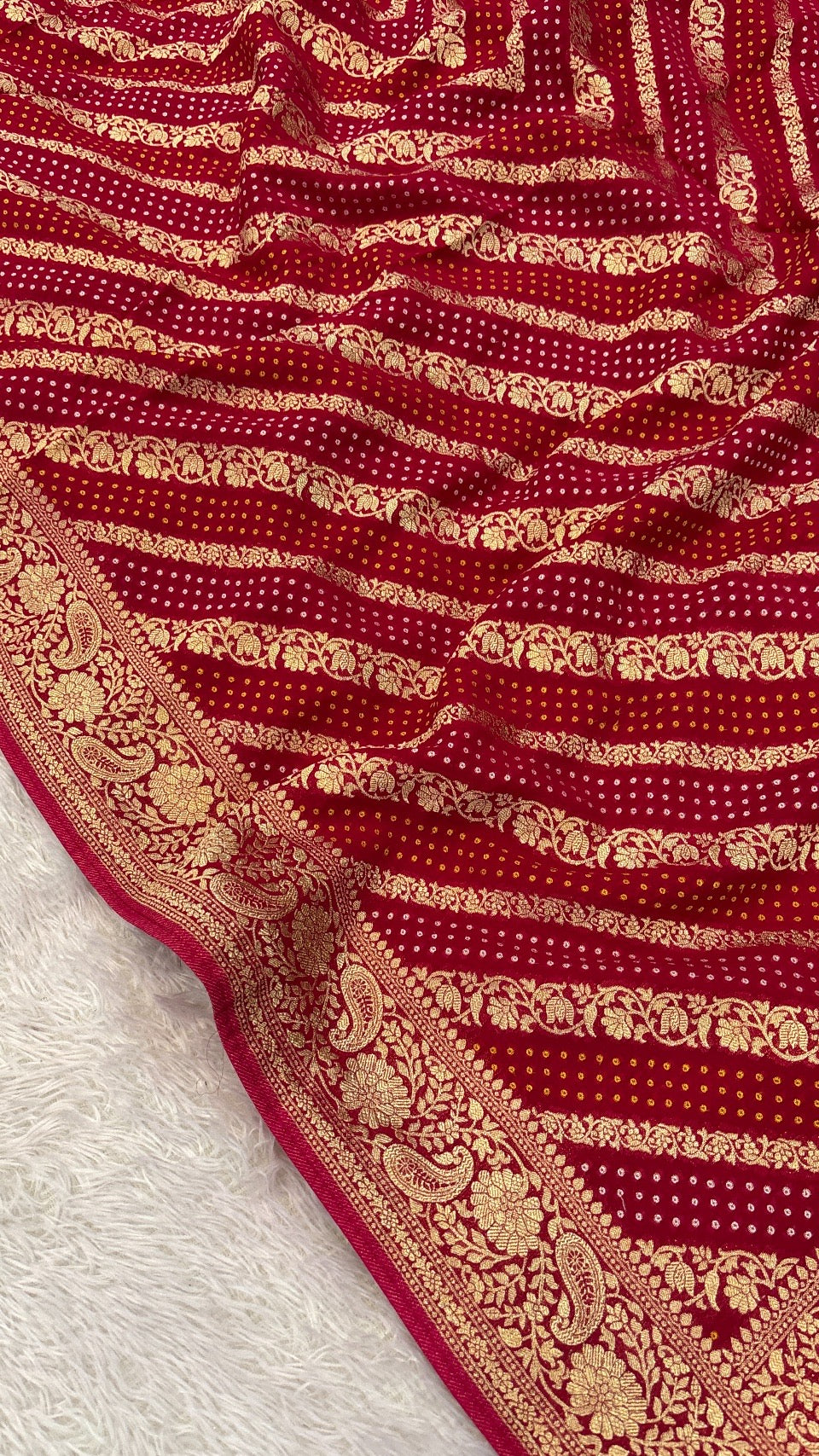 Traditional Khadi Georgette Banarasi Bandhej Saree (Red/Rani) 5