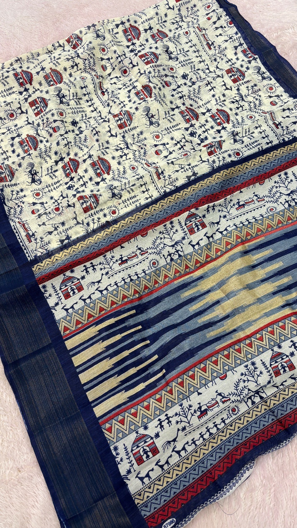 SUMMER SALE Warli Print Cotten Saree (Blue)