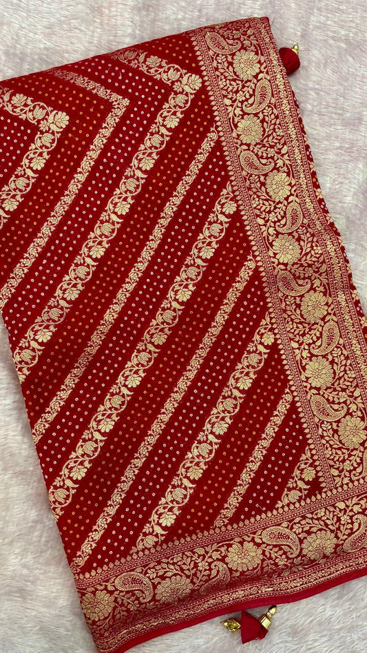 Traditional Khadi Georgette Banarasi Bandhej Saree (Red/Rani) 5