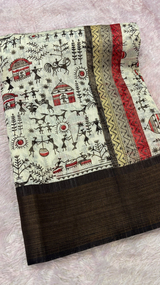 SUMMER SALE Warli Print Cotten Saree (Coco)