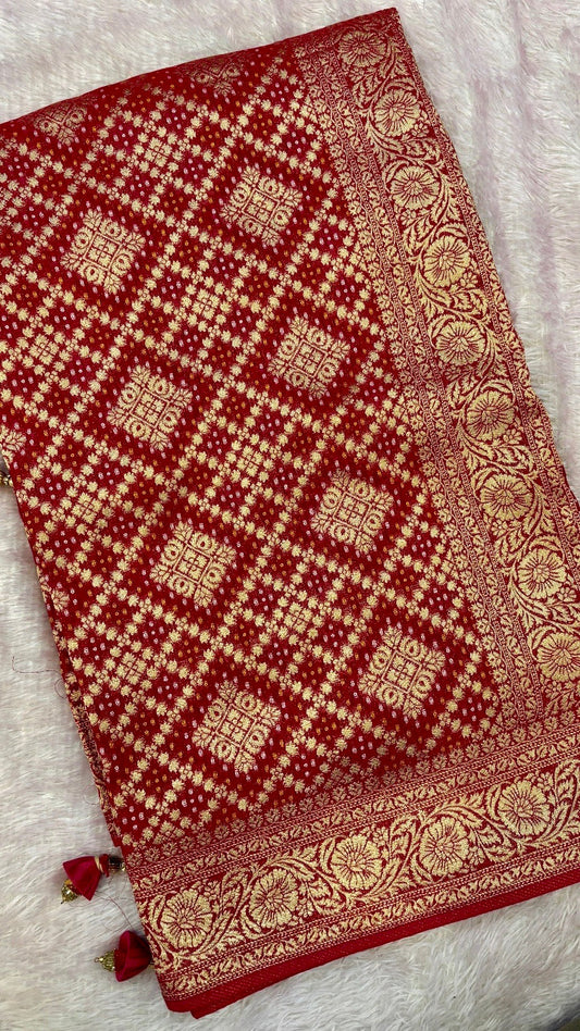 Traditional Khadi Georgette Banarasi Bandhej Saree (Red/Rani) 8