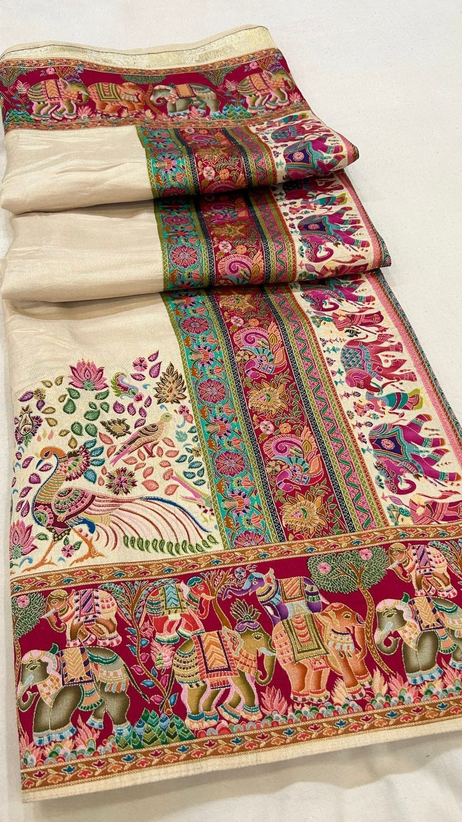 Pure Hand Weaving Kalamkari Saree (Cream Gala)