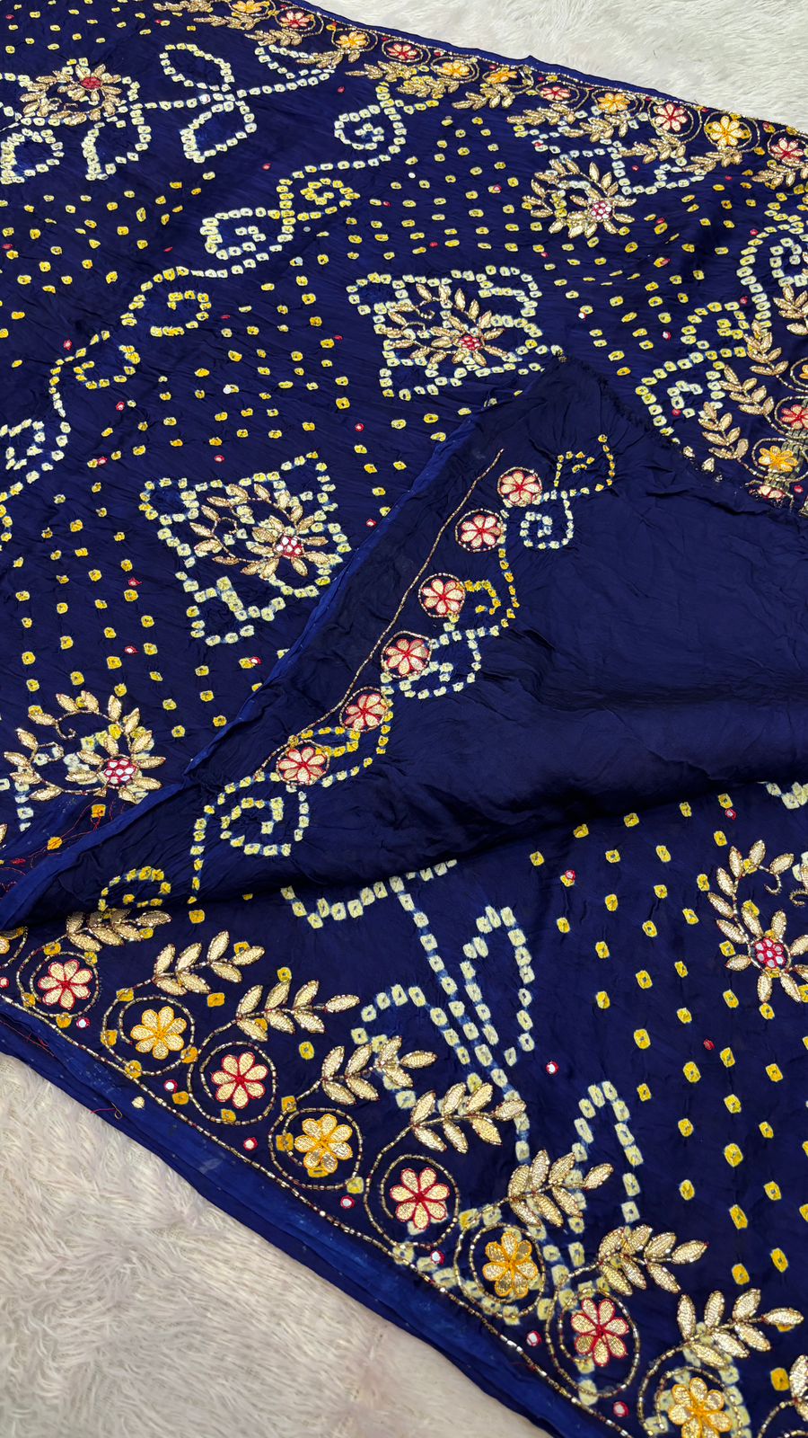 Pure Gaji Silk Handbandhej Gottapatti work Saree (Blue)