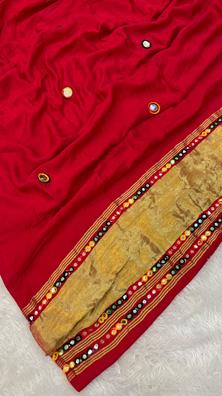 Semi Mirror Work Duppta With Lagadi Patta New - Red