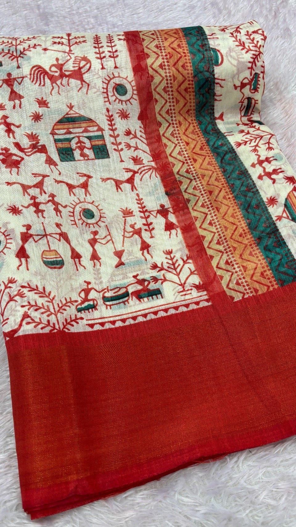 SUMMER SALE Warli Print Cotten Saree (Red)