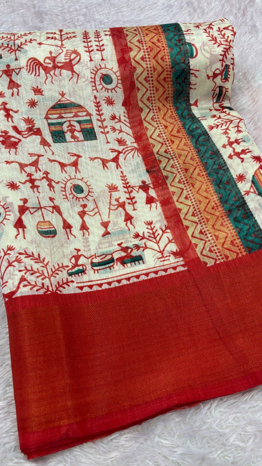 SUMMER SALE Warli Print Cotten Saree (Red)