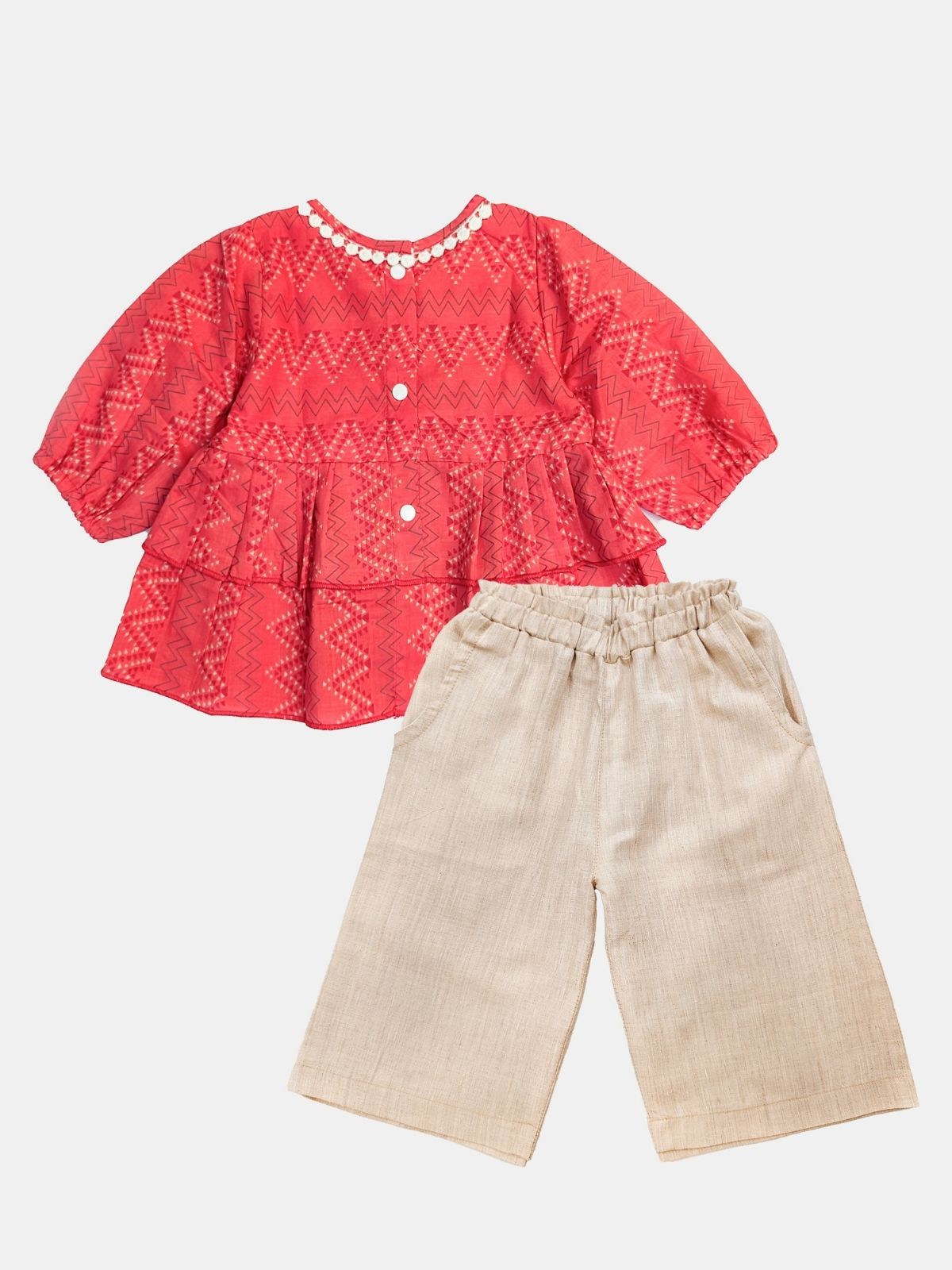 Floral Printed Pure Cotton Dia Girls Top Bottom Set- RED