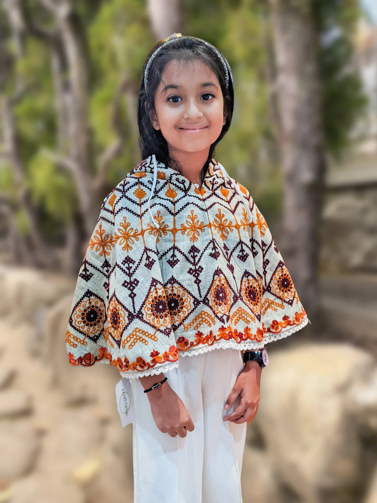 Green Fancy Embroidered Hoodie Poncho Top For Baby Girls