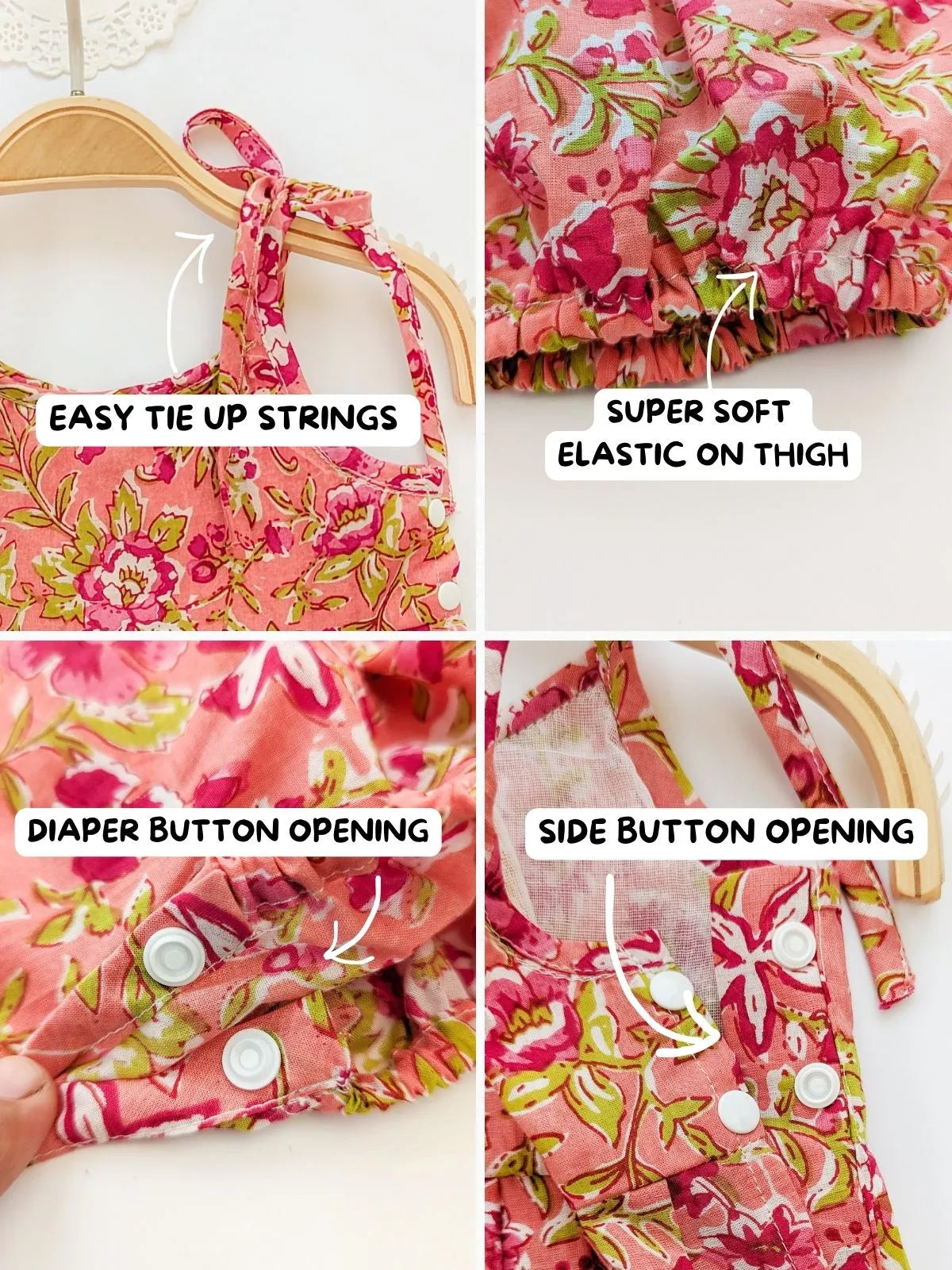 Halemons Baby Girl Pure Cotton Floral Easy to Wear Romper- Peach