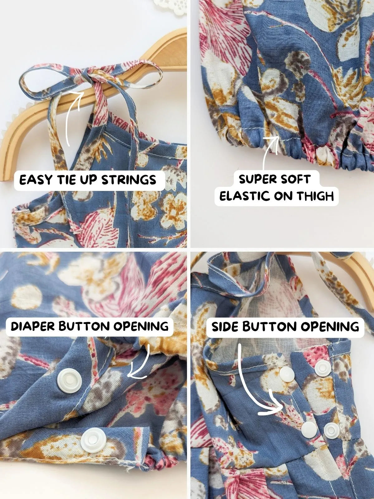 Halemons Baby Girl Pure Cotton Floral Easy to Wear Romper- Blue