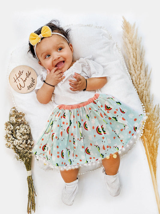 Rainbow Printed Baby Girl Cotton Skirt With Bloomer and Top