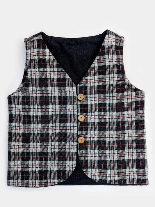 Halemons Baby Boy Fleece Sleeveless Mini Jacket Checks-Grey