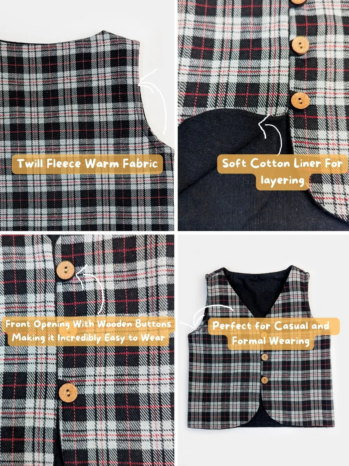 Halemons Baby Boy Fleece Sleeveless Mini Jacket Checks-Grey