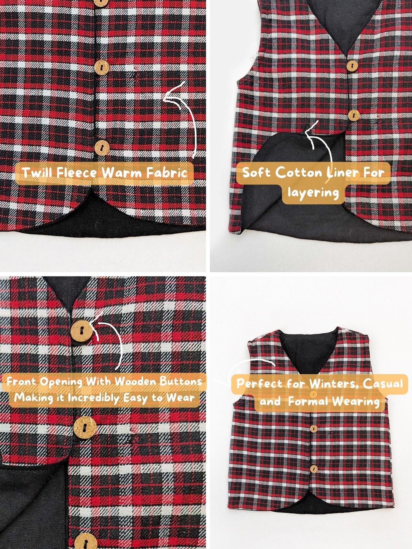 Halemons Baby Boy Fleece Half Sleeves Mini Jacket Checks-Black