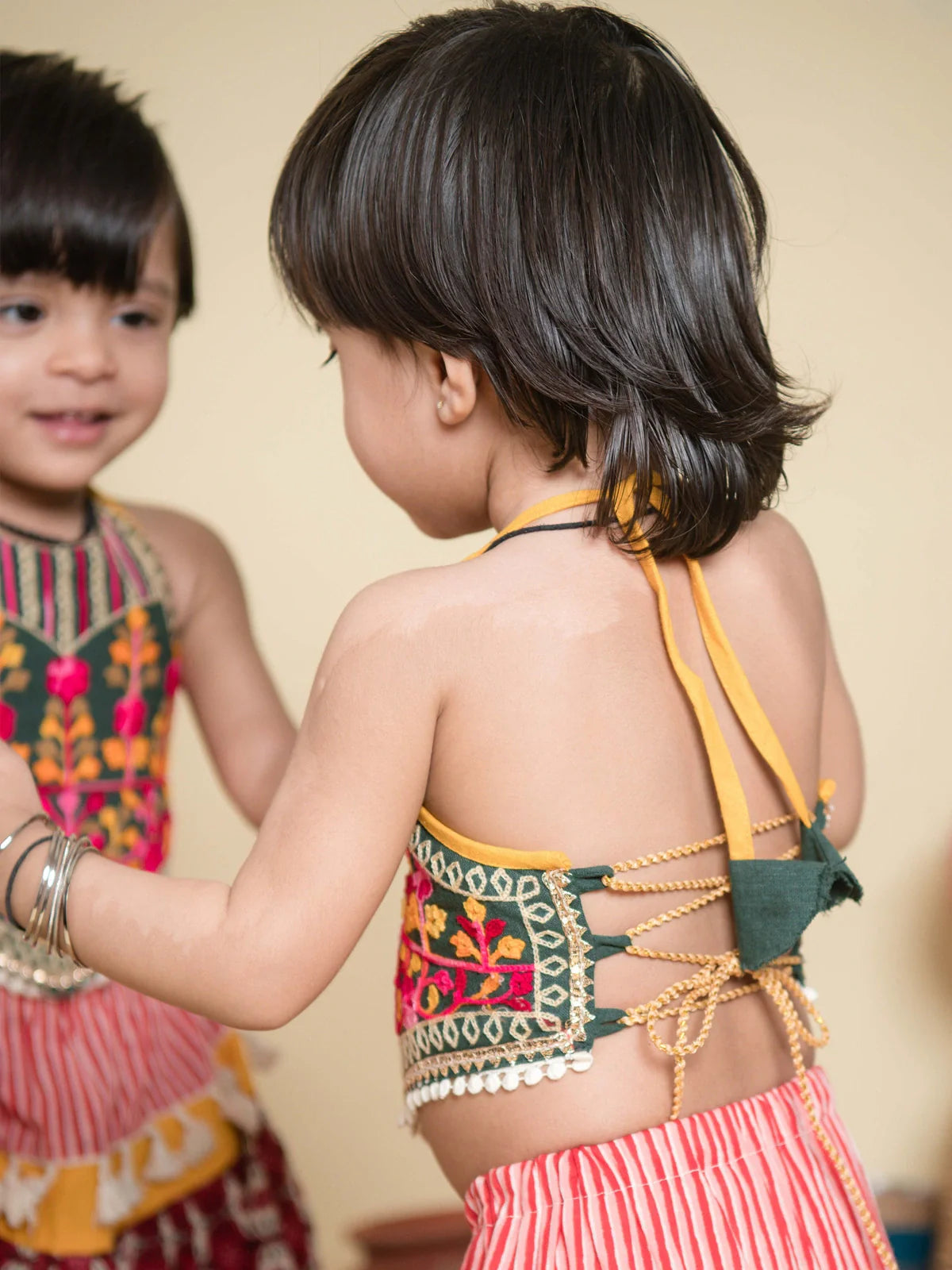 Rose Petals Striped Pleated Lehenga Choli for Girls