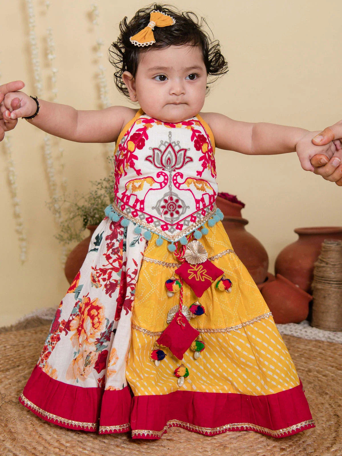 Red Floral Bandhani Flaired Lehenga Choli for Little Girls
