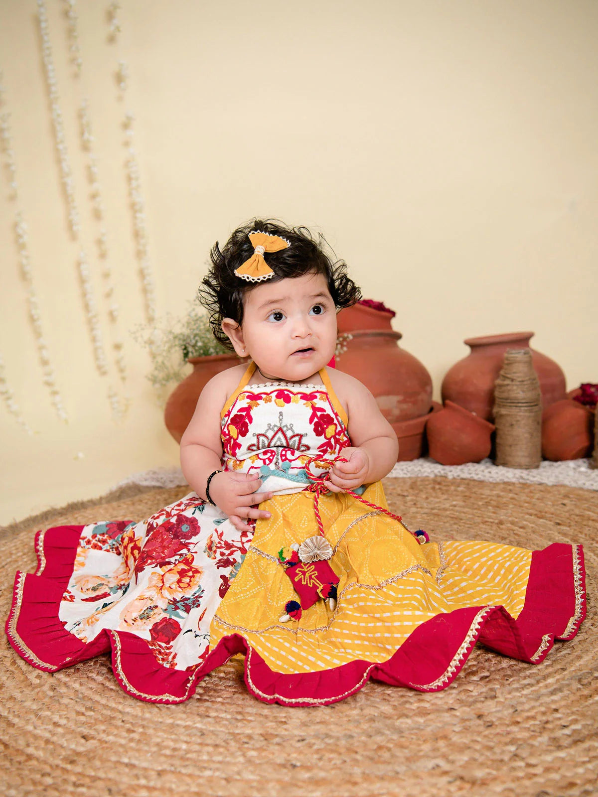 Red Floral Bandhani Flaired Lehenga Choli for Little Girls