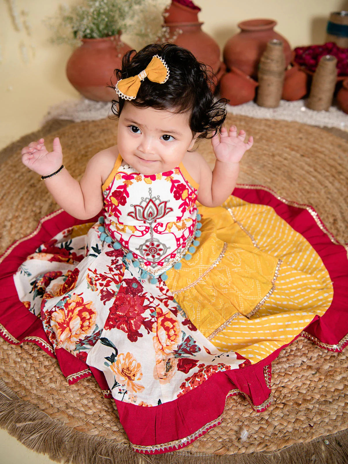 Red Floral Bandhani Flaired Lehenga Choli for Little Girls