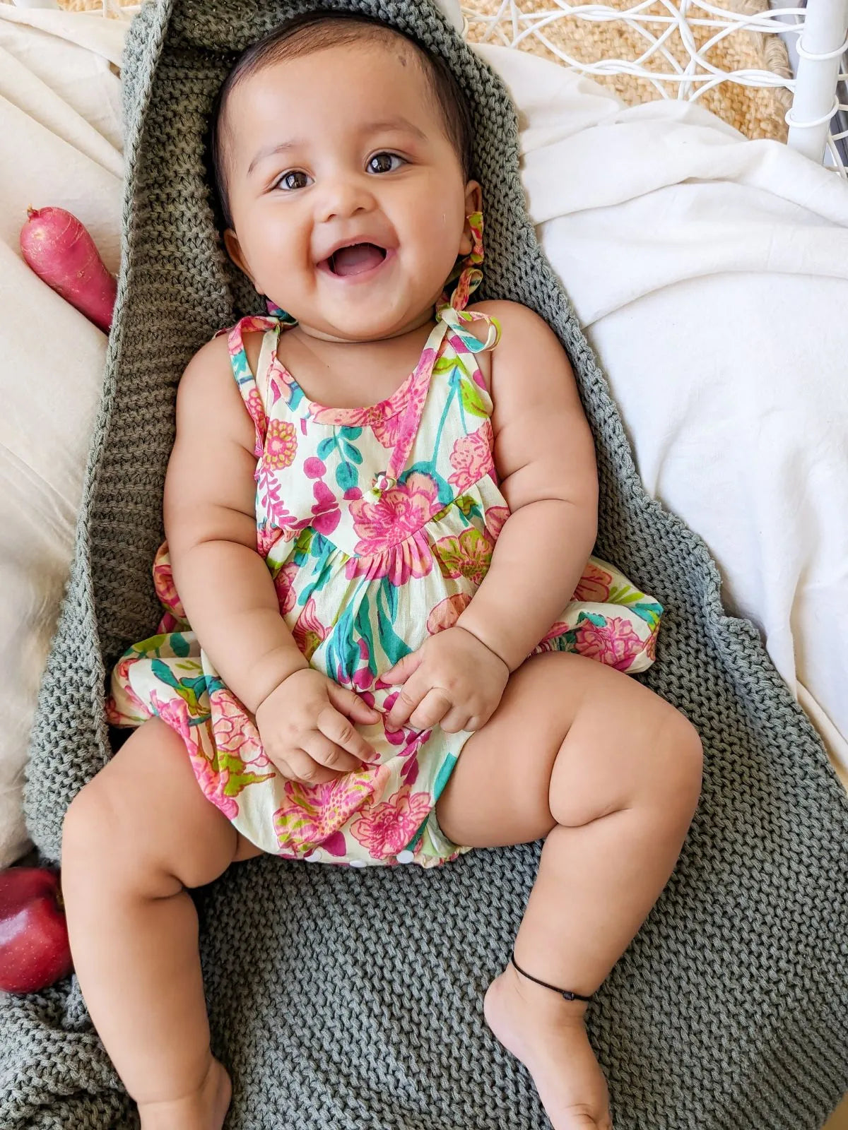 Halemons Baby Girl Pure Cotton Mini Yoke Floral Romper - cream