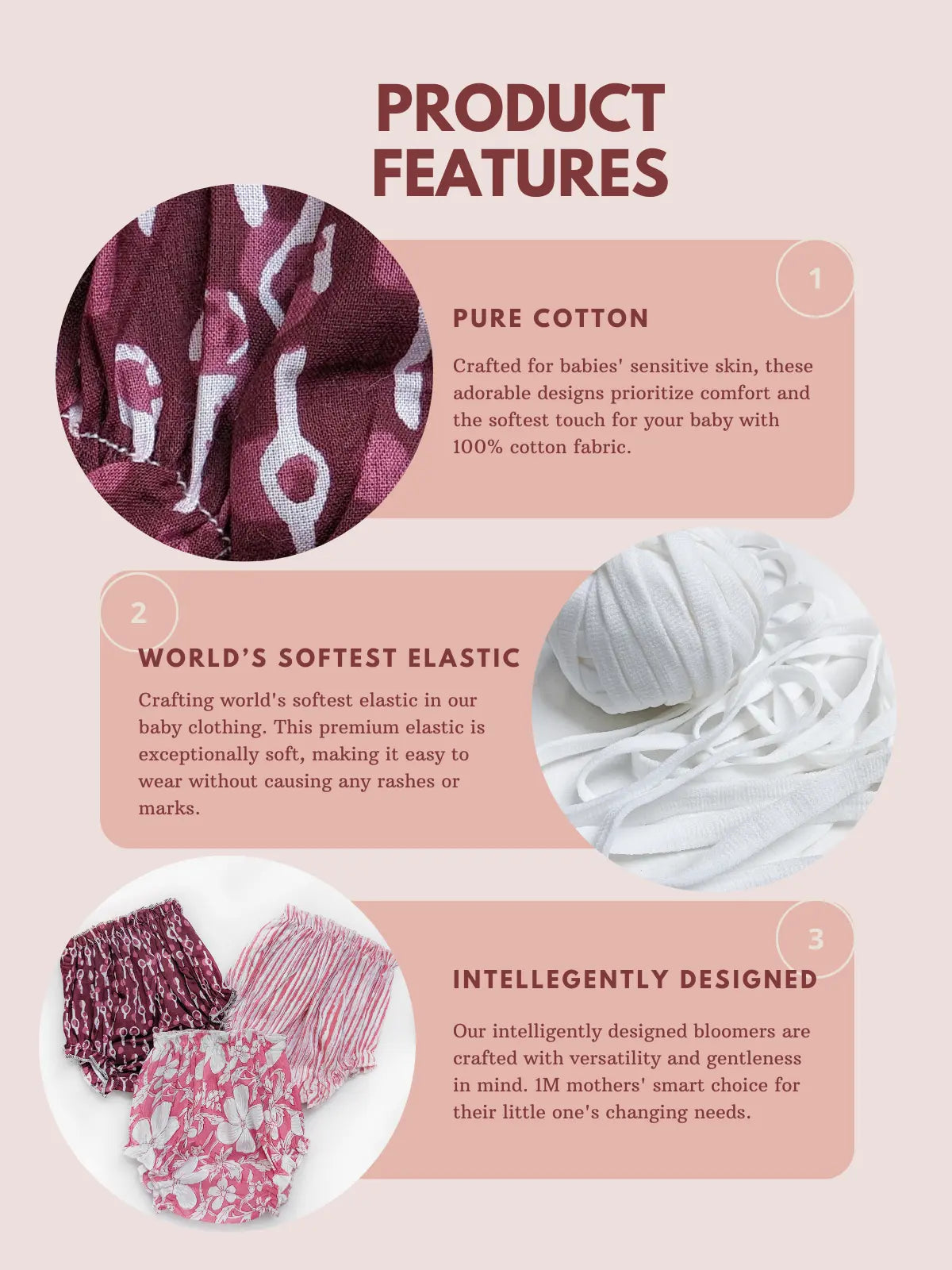 Halemons Baby Girl Pure Cotton Super Soft Butter Bloomers Pack of 3- peach-white