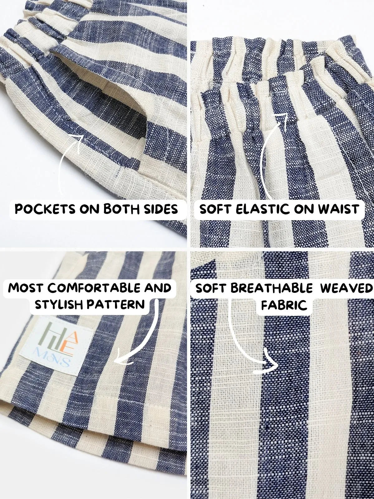 Halemons Unisex Knee Length Casual Stripe Pocket Pants- Blue