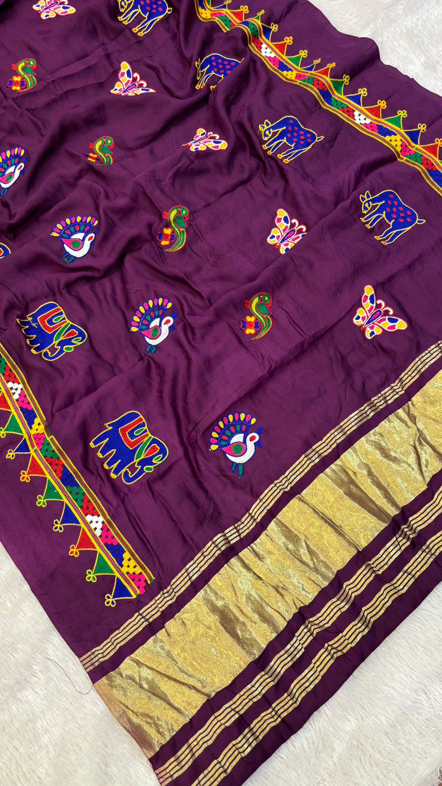Kutchi Multi Work Duppta with Lagadi Patta - Purple